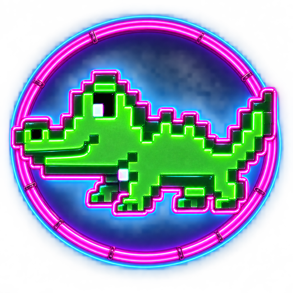 Pixel Gator inside a magenta and cyan neon ring, like an arcade cabinet medallion