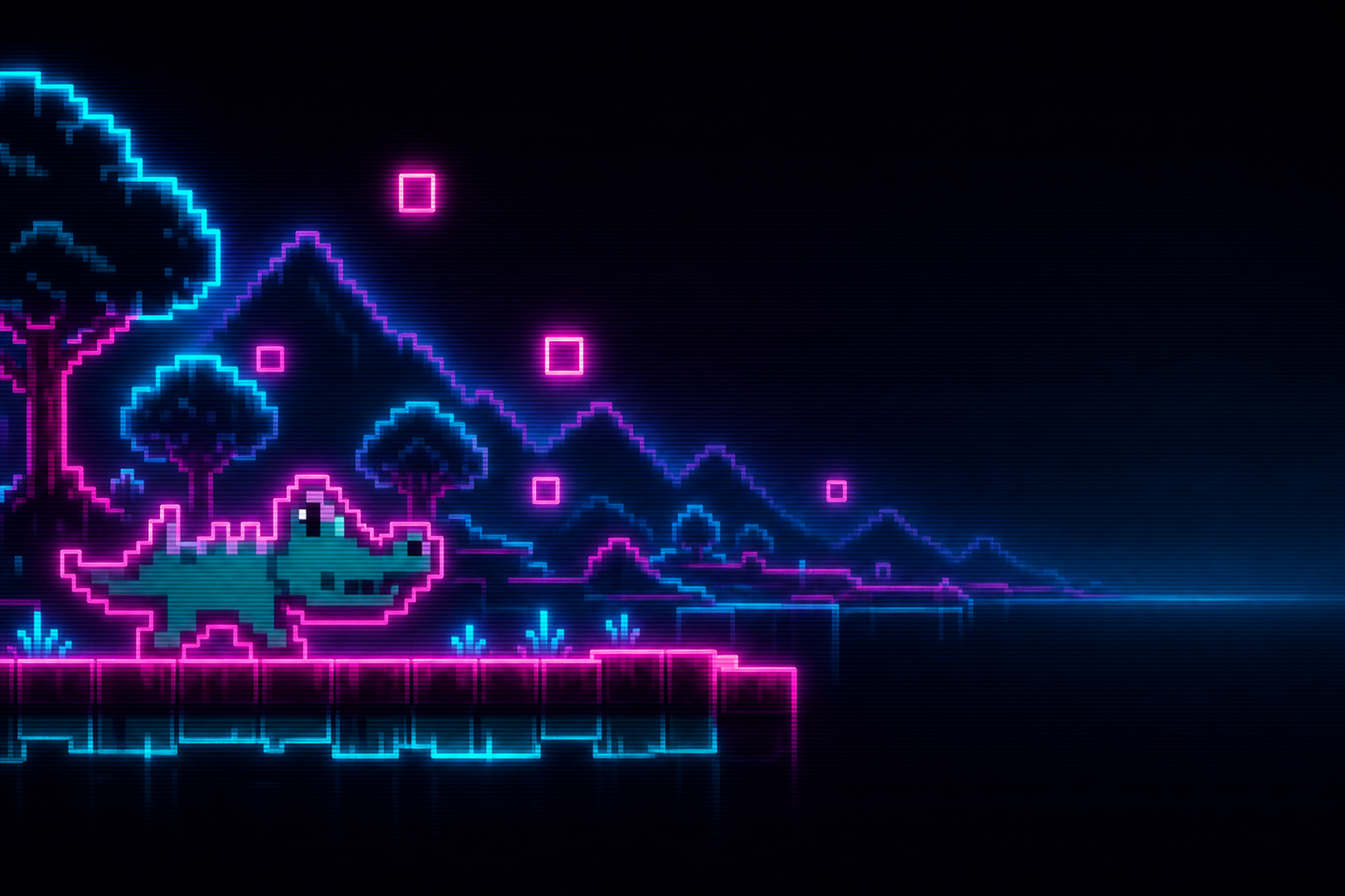 Pixel Gator reaching up toward a small glowing neon square