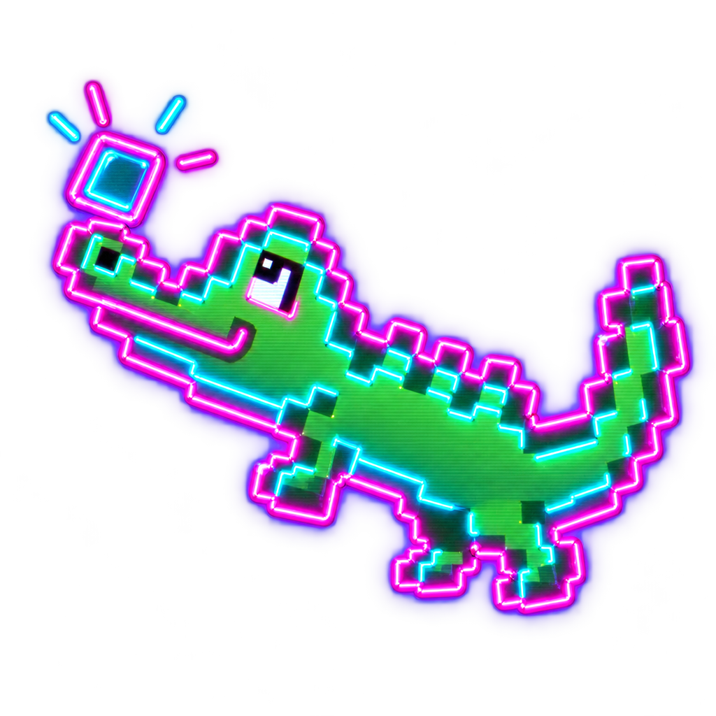Pixel Gator seen from above, neon-outlined against a plain field